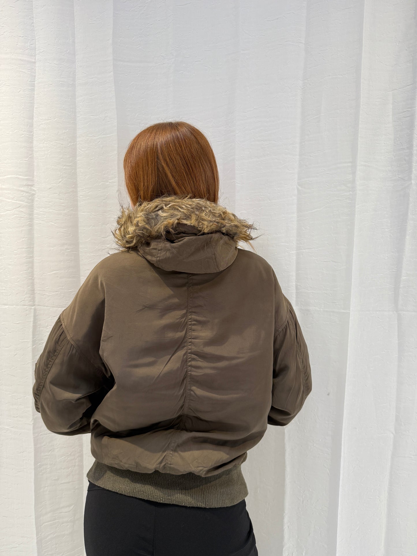 Khaki Puffer Jacket w Faux Fur Hood