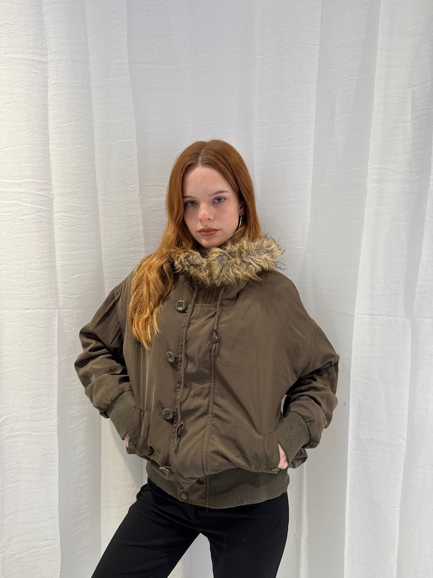 Khaki Puffer Jacket w Faux Fur Hood