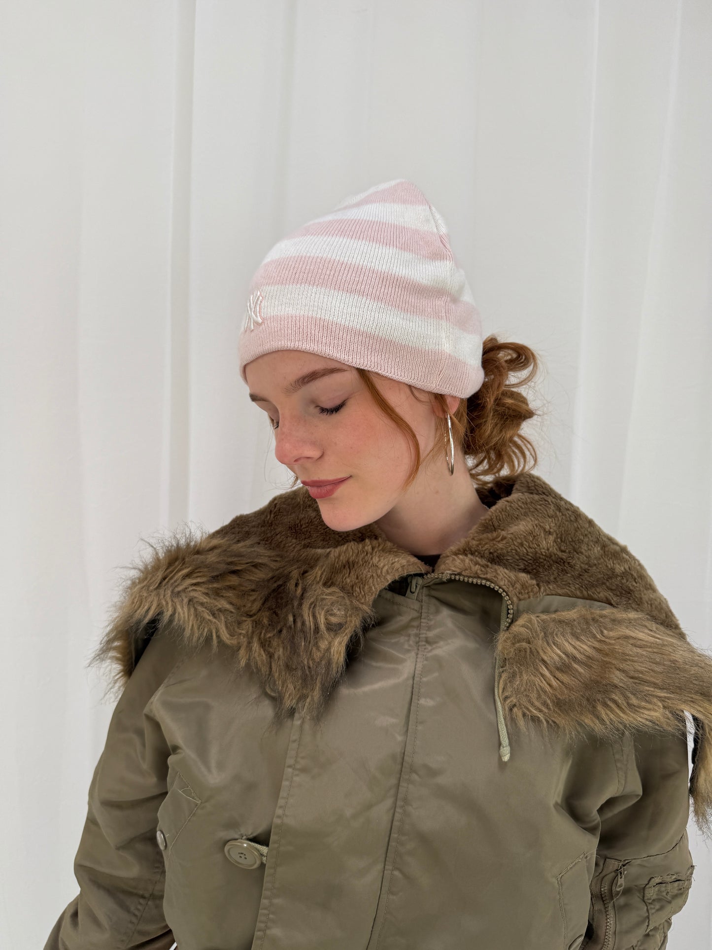 Pink White Striped NY Beanie