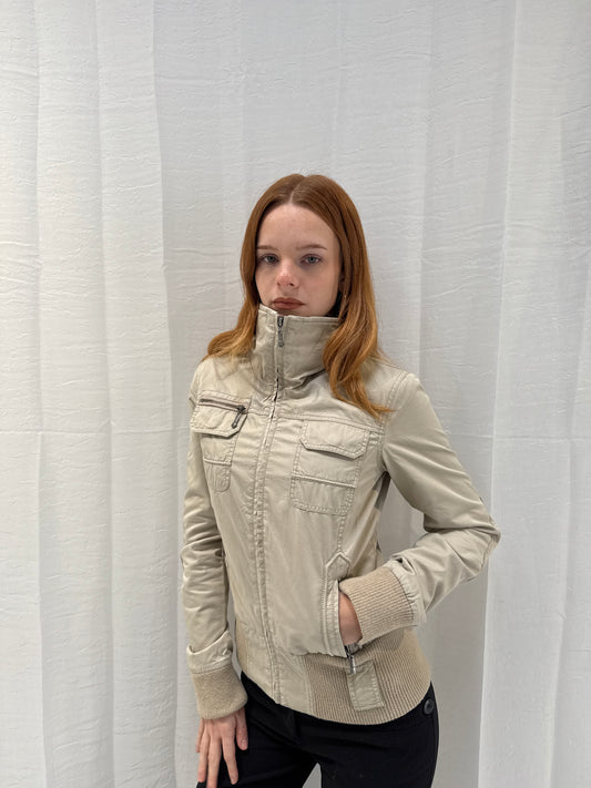 Beige Zip Up High Neck Jacket