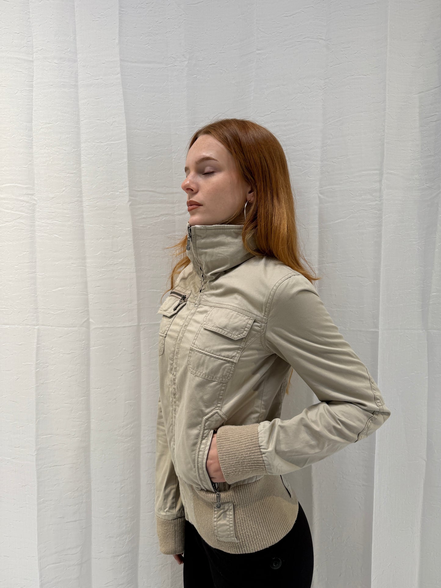 Beige Zip Up High Neck Jacket