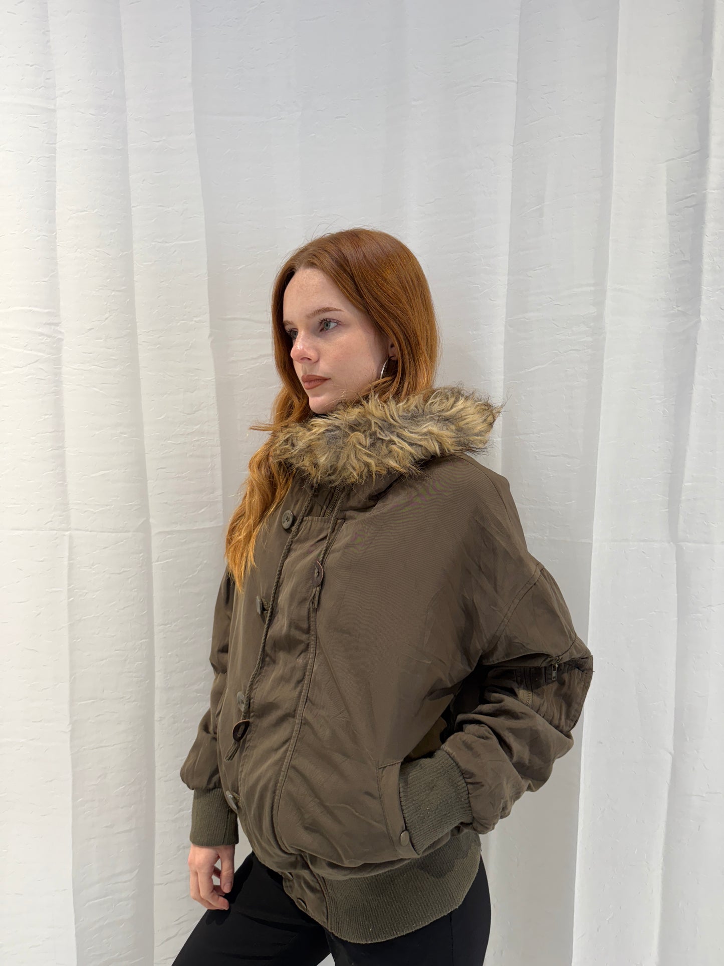 Khaki Puffer Jacket w Faux Fur Hood
